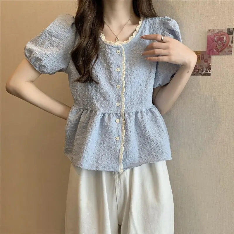 Blusa Casual de Verano 2024 Estilo Coreano con Encaje y Manga Corta, Blusa de Gasa con Manga Abullonada Antienvejecimiento y ...