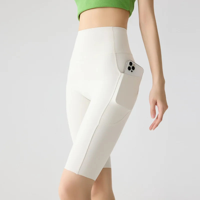 BIVIGAOS, pantalones cortos de verano con bolsillo para Yoga de piel de tiburón para bicicleta, pantalones cortos finos de cintura alta con realce, sensación desnuda, pantalones cortos deportivos para ciclismo y Fitness