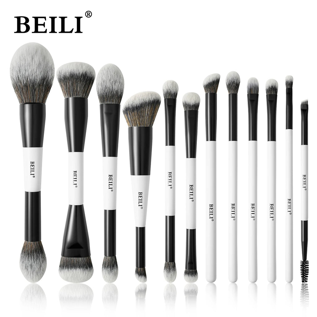 BEILI-Juego de brochas de maquillaje de doble punta, profesional, 12 Uds., contorno vegano, base en polvo, bronceador de cejas, Kit de cosméticos