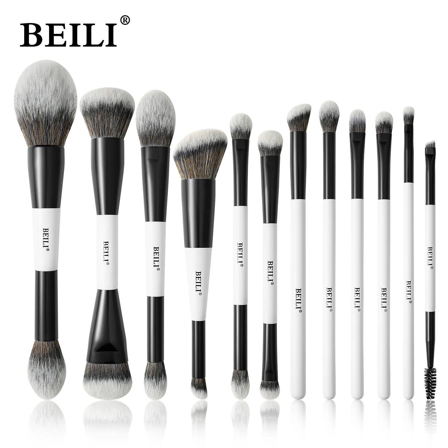 BEILI-Juego de brochas de maquillaje de doble punta, profesional, 12 Uds., contorno vegano, base en polvo, bronceador de cejas, Kit de cosméticos