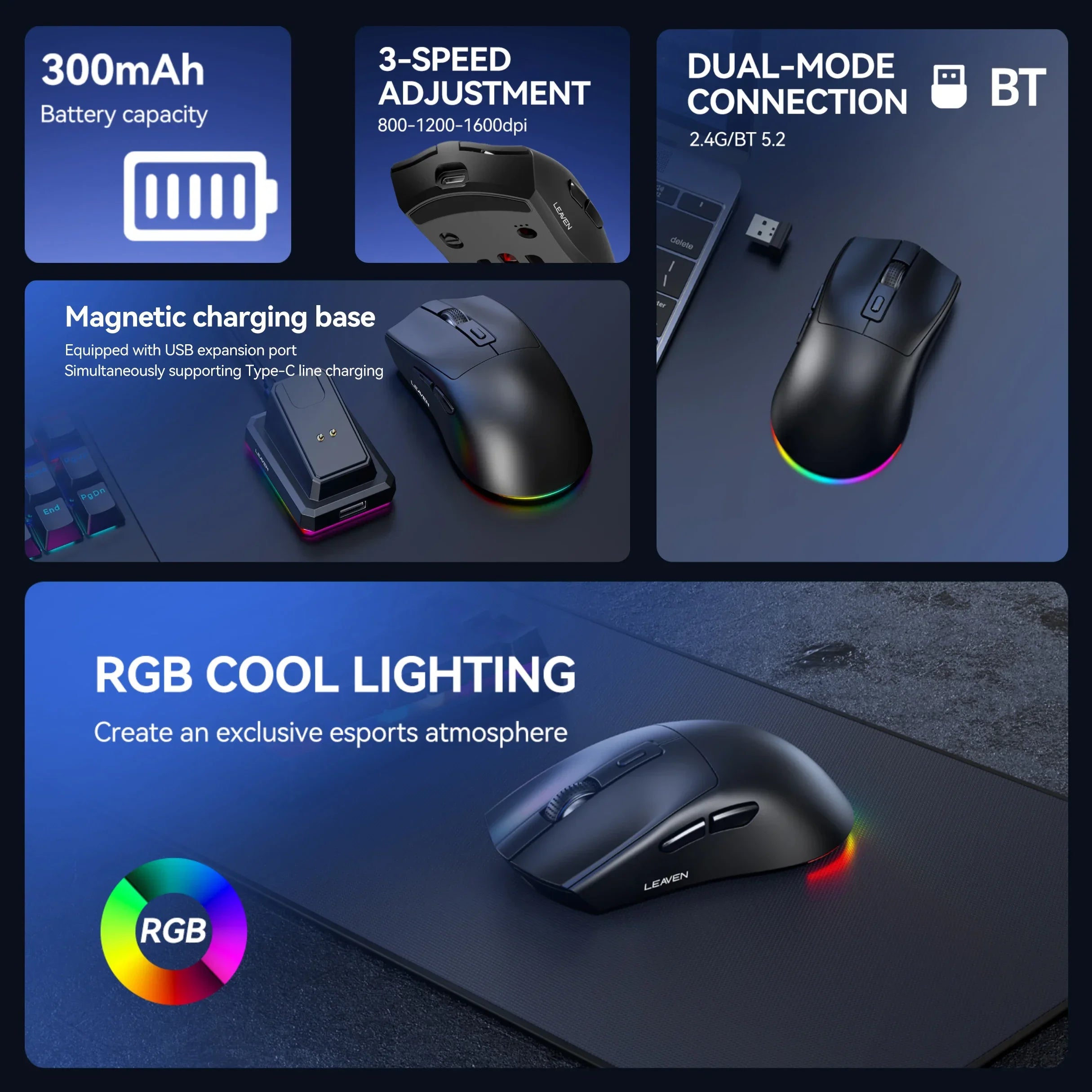Ratón inalámbrico de modo dual |   Base de carga magnética |   Retroiluminado RGB |   DPI de 3 velocidades (800-1200-1600) |   2.4G/BT |   Adecuado para uso diario.