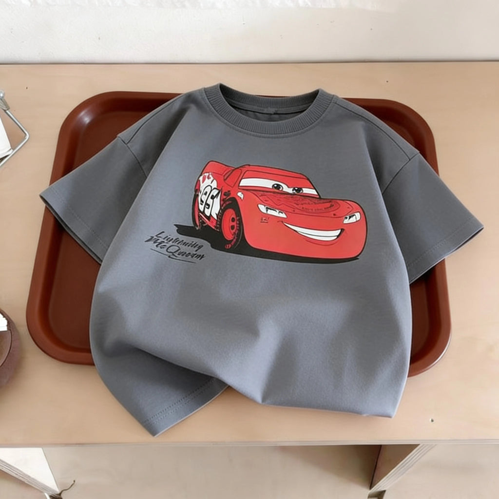 Ropa de verano con estampado de coches de dibujos animados para niños, camisetas de manga corta, ropa para niños, camiseta con cuello redondo, camisetas de disfraz para niños
