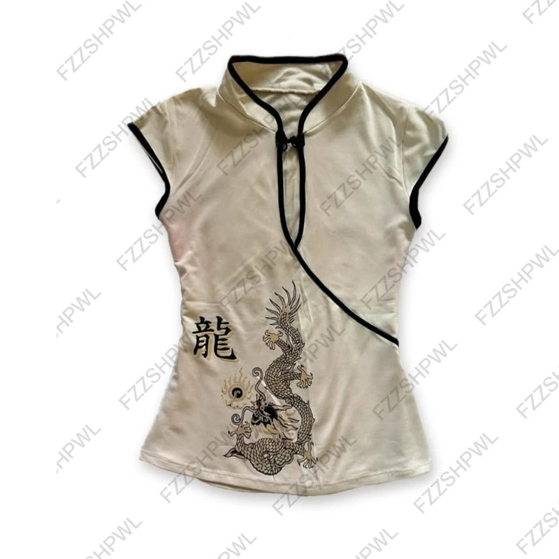Camiseta de estilo chino moda high street Y2K chica de humor millenario botón gótico moda retro a cuadros tops de manga corta para mujer