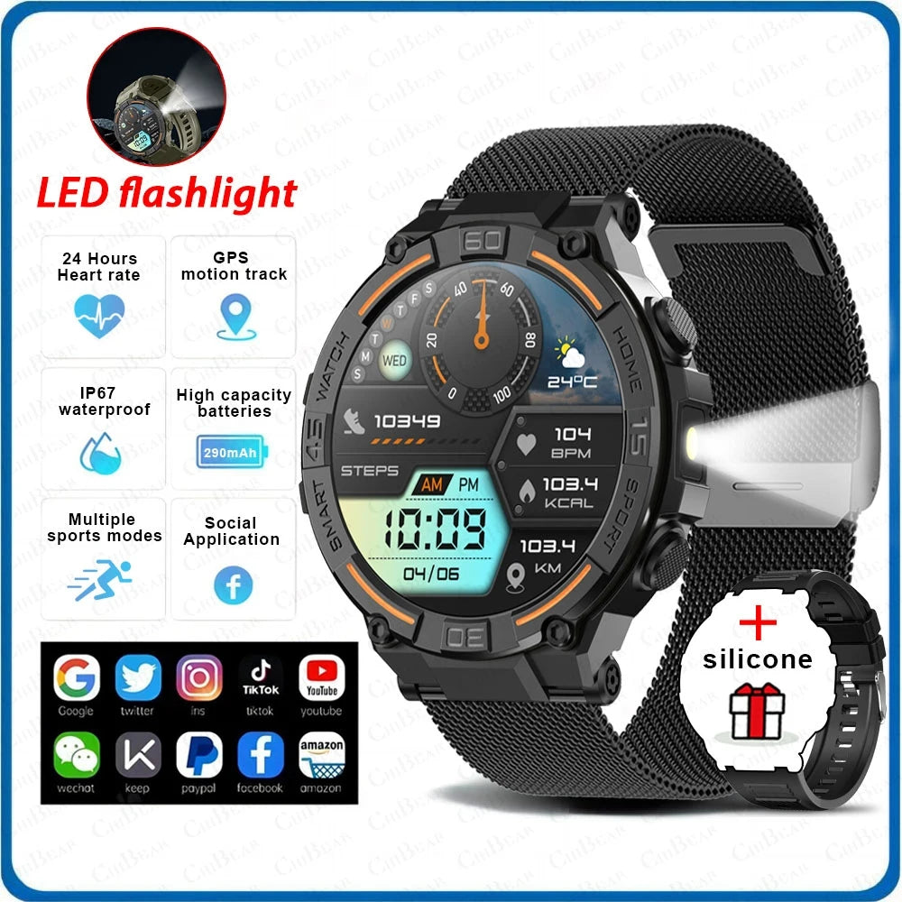 Reloj inteligente militar resistente al aire libre para hombres, GPS, deportes, Fitness, resistente al agua, llamada Bluetooth con luces LED, reloj inteligente