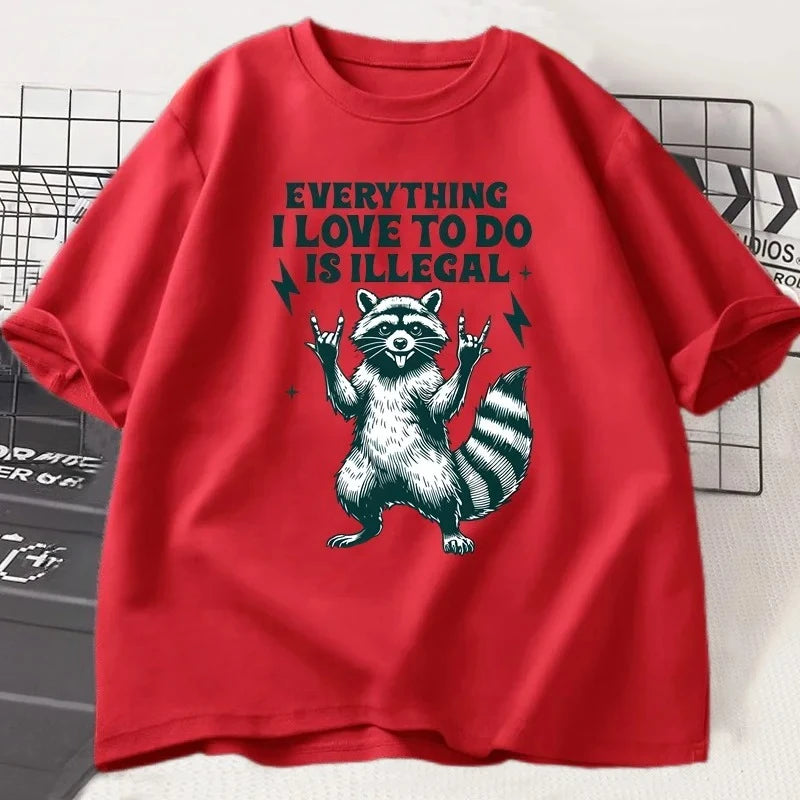Camiseta divertida con patrón de mapache, camiseta de humor, pantalón corto informal para mujer, camiseta de manga Harajuku, ropa para mujer, camisetas gráficas Y2K