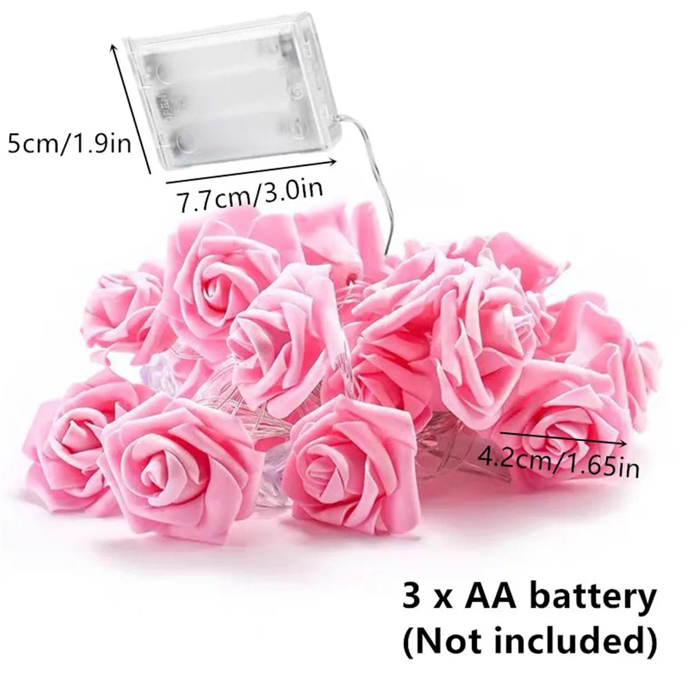 Guirnalda de Luces LED de 3m con 20 Rosas Artificiales, Funciona con Pilas, Decoración para Bodas, Habitaciones, Ramadán, Regalos para el Día de la Madre