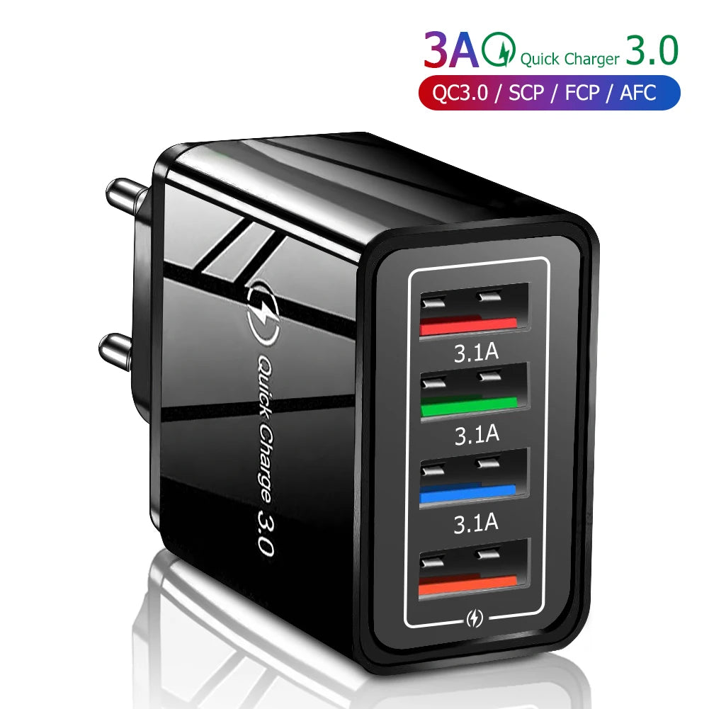 Cargador USB 3A, 4 puertos USB, carga rápida 3,0, enchufe UE EE. UU., cargador de teléfono móvil, adaptador de pared, carga rápida portátil para iPhone 16 Pro