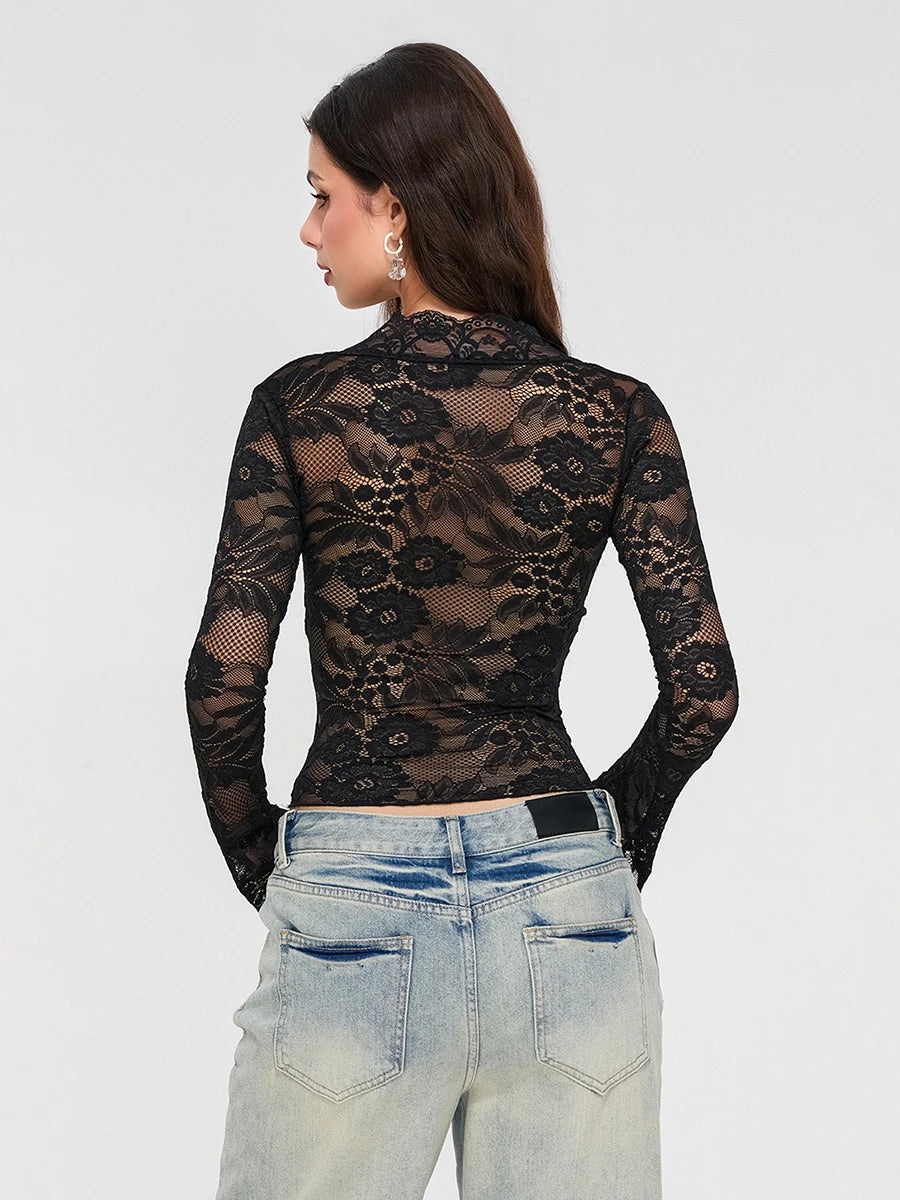 Cativante nueva camiseta corta de encaje a la moda Vintage de verano para mujer, camiseta ajustada Floral de encaje transparente de manga larga acampanada, ropa diaria