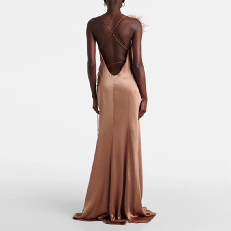 Vestidos de Fiesta de Satén con Cuello en V y Cintura Cruzada, Elegantes Vestidos Largos de Satén con Abertura Alta para Mujer, Vestidos Maxi Huecos sin Espalda para Primavera y Verano