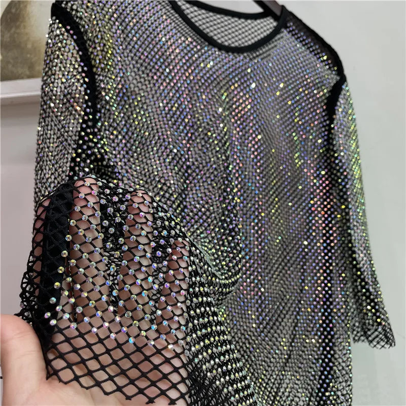 ColorShiny Diamonds-Camiseta básica de sílabas eléctricas para mujer, Top ajustado de cristal con cuello redondo, media manga, Sexy, para fiesta y Club
