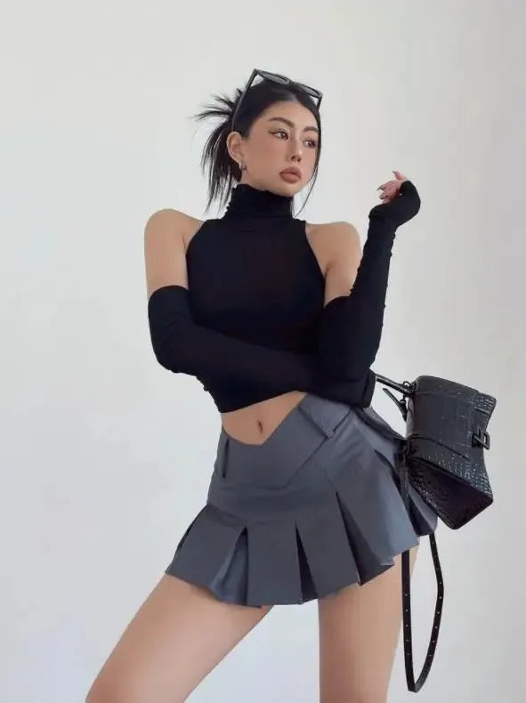Top sin mangas Sexy para primavera y verano, Top corto plisado con mangas para chica picante y cuello alto, camiseta para mujer, ropa informal ajustada Y2k