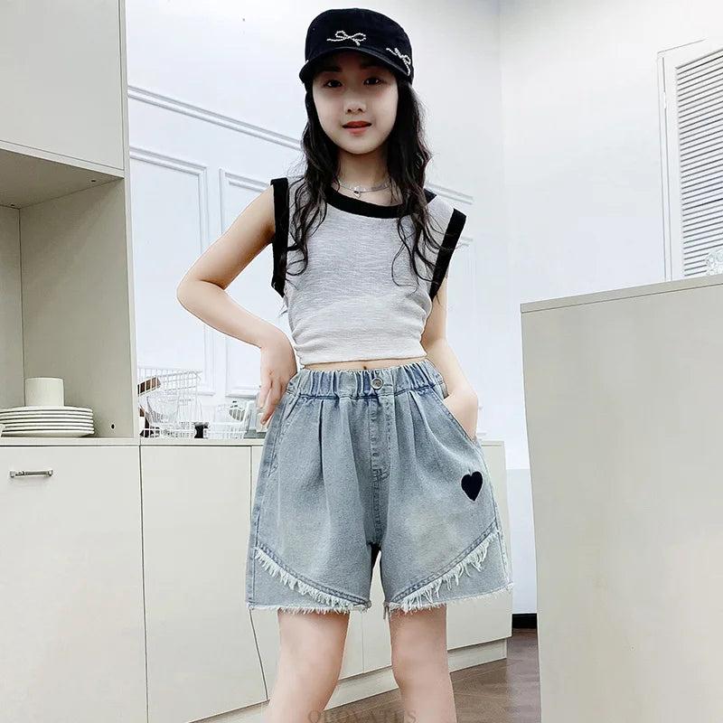 Pantalones cortos de verano a la moda para niñas, pantalones cortos vaqueros informales con corazón, pantalones vaqueros hasta la rodilla para niños de 5 6 7 8 9 10 11 12 13 14 años