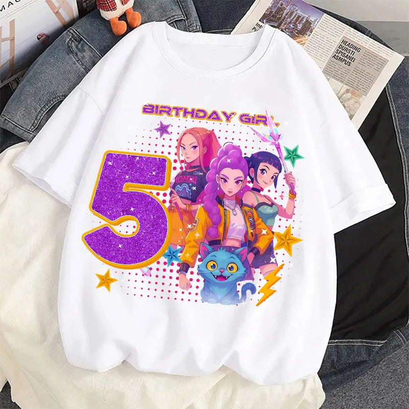 Nueva camiseta K Pop Demon Huntersd para niños, camisetas con estampado de números de cumpleaños de dibujos animados, camisetas de manga corta para niñas, ropa para niños