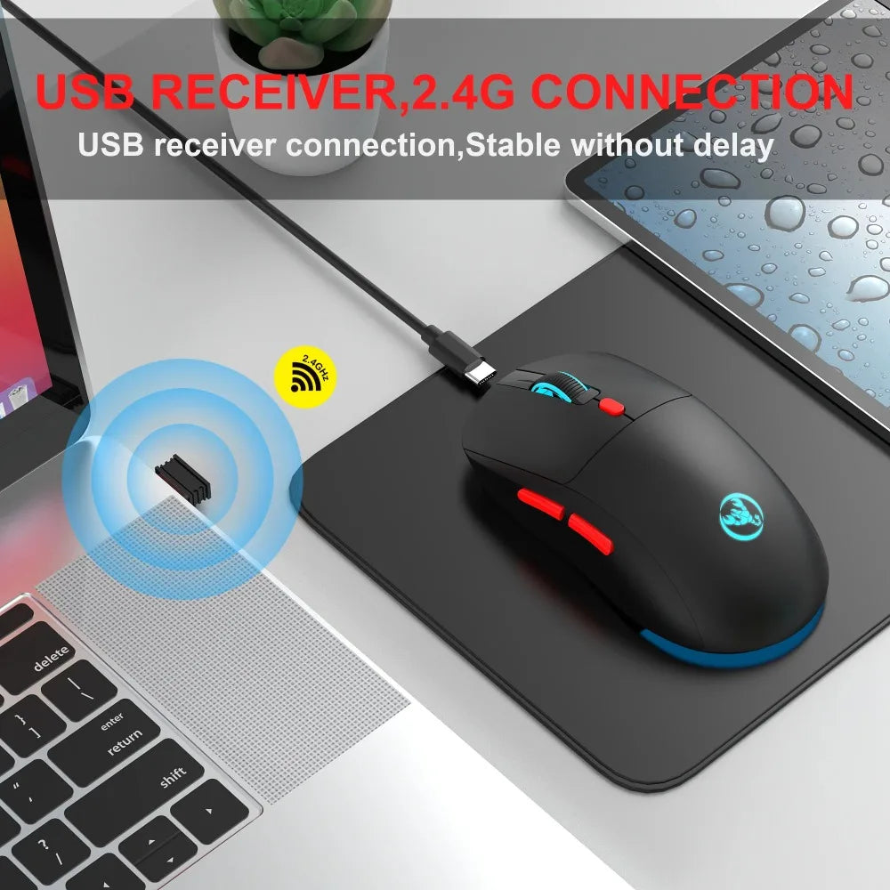 Ratón Inalámbrico Recargable de 2.4G, 650mAh, Ajustable a 3600DPI, Iluminación RGB de 7 Colores, Ergonómico y Silencioso para Oficina, Portátil, PC y Juegos