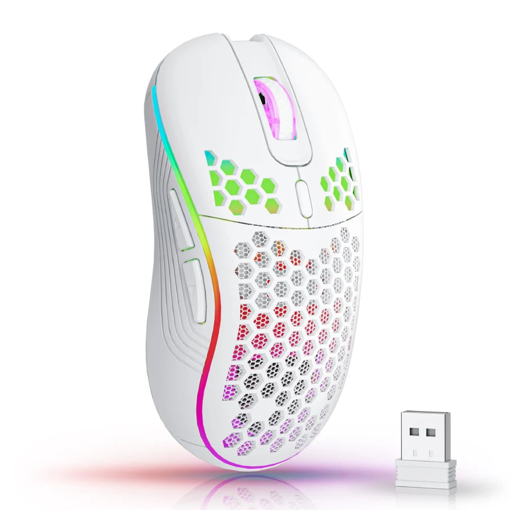 Ratón inalámbrico 2,4G con retroiluminación RGB, 6 botones, 3 velocidades, DPI tipo C, recargable, ergonómico, diseño de panal, ratón para juegos