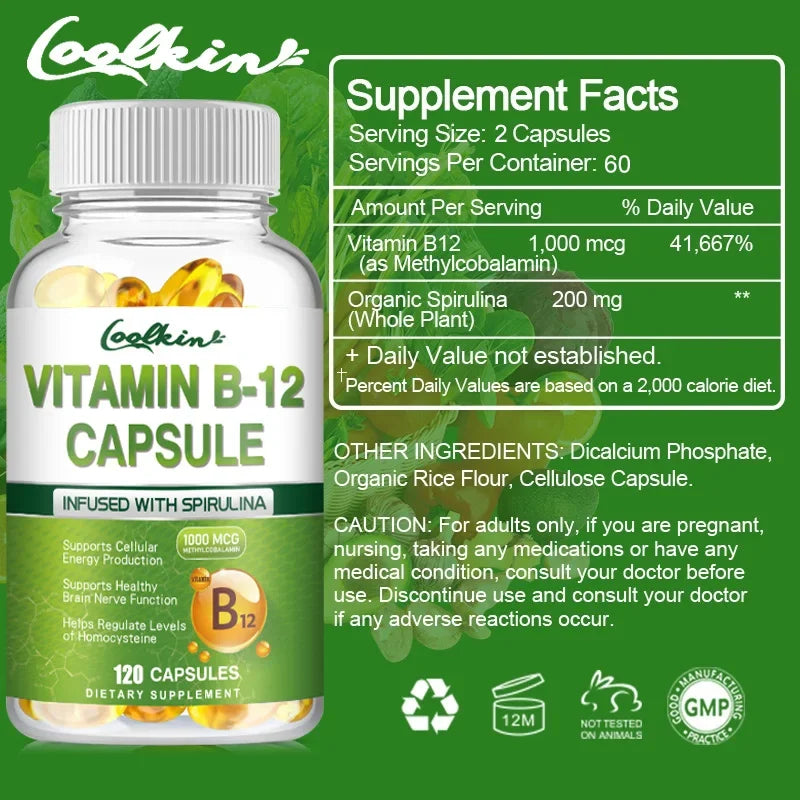 Cápsulas de vitamina B12: apoya el metabolismo energético, el estado de ánimo, el corazón y el apoyo del sistema nervioso