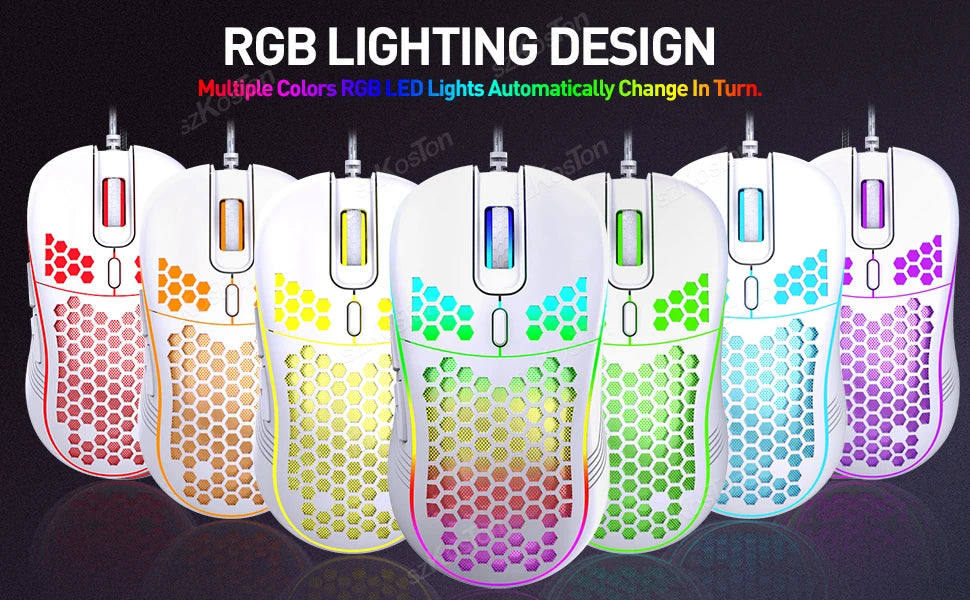 Mouse Gamer con Cable Honeycomb, Retroiluminación RGB, 7200 DPI Ajustables, Ergonómico, USB, para PC con Windows y Gamers de Laptop