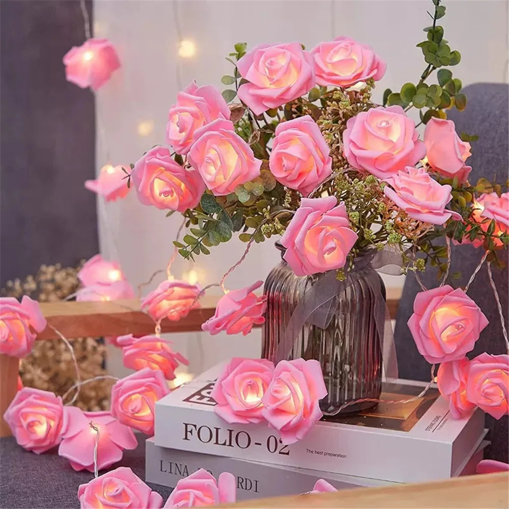 Guirnalda de Luces LED de 3m con 20 Rosas Artificiales, Funciona con Pilas, Decoración para Bodas, Habitaciones, Ramadán, Regalos para el Día de la Madre