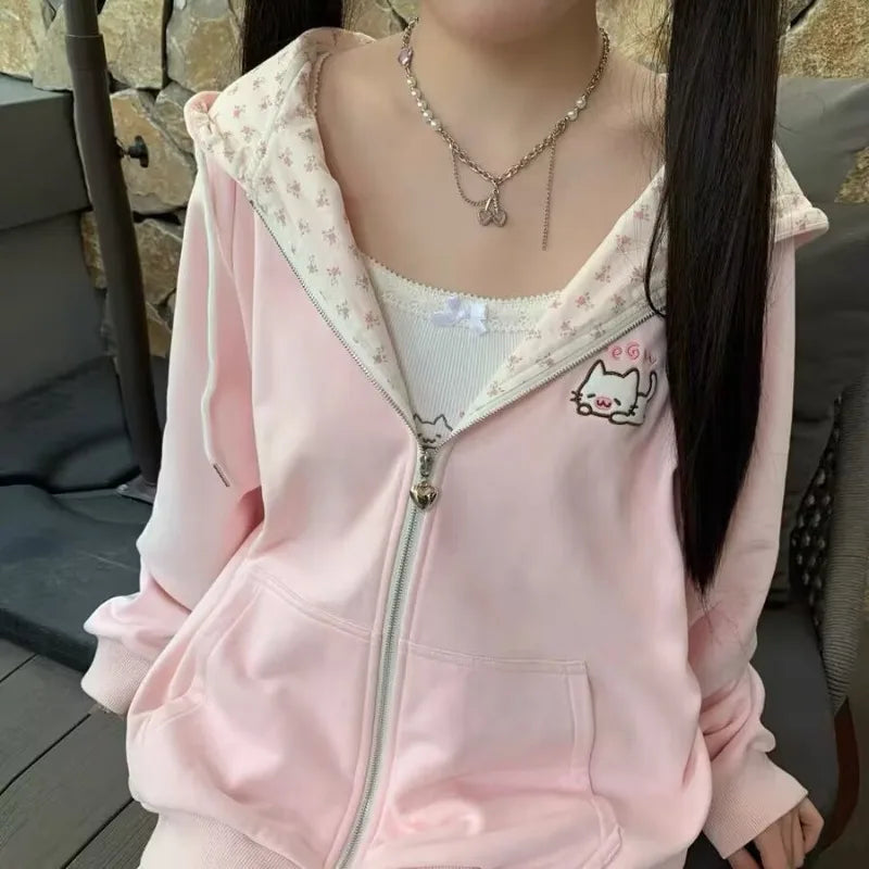 Abrigo con capucha Harajuku coreano Kawaii para mujer, cárdigan fino de manga larga con cremallera, ropa de calle Y2K, nuevas chaquetas holgadas de longitud media