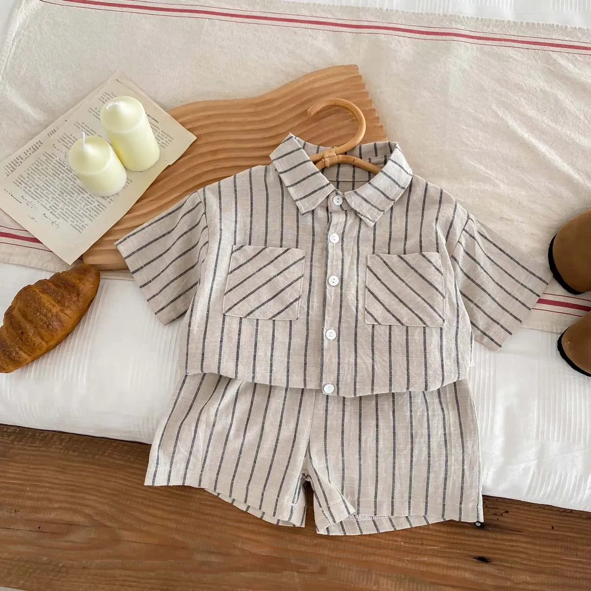 Conjunto de camisa de manga corta a rayas Retro de estilo coreano para niños y niñas pequeñas, traje de moda informal fino de verano para bebés