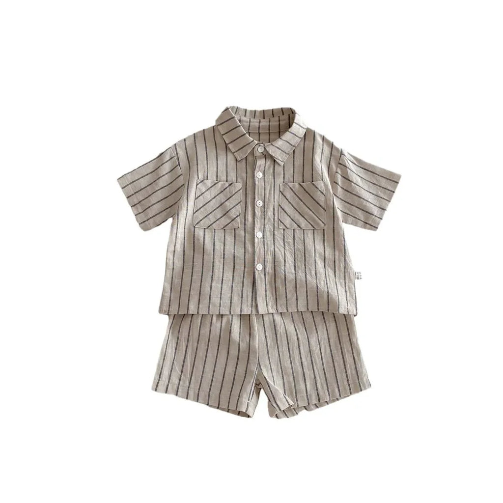 Conjunto de camisa de manga corta a rayas Retro de estilo coreano para niños y niñas pequeñas, traje de moda informal fino de verano para bebés