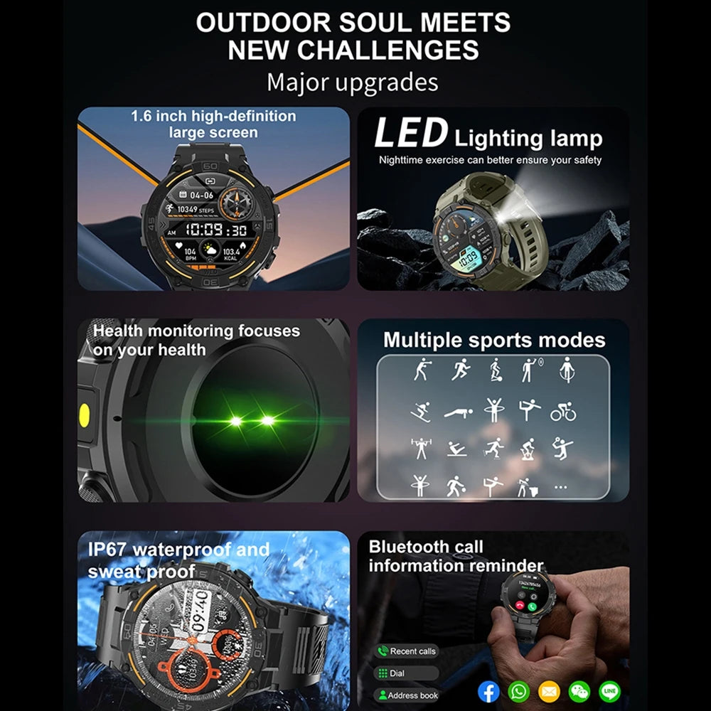 Reloj inteligente militar resistente al aire libre para hombres, GPS, deportes, Fitness, resistente al agua, llamada Bluetooth con luces LED, reloj inteligente