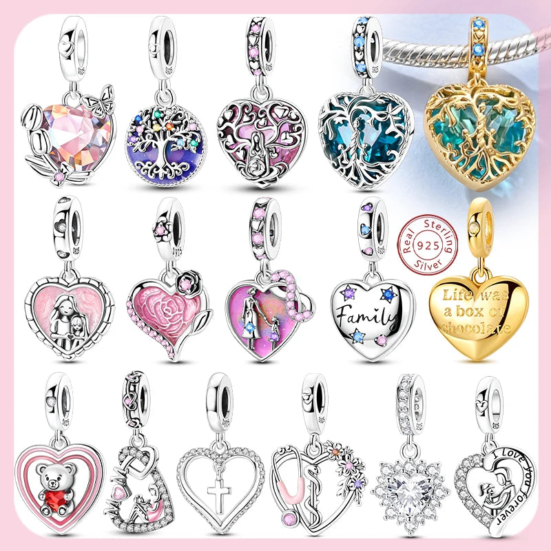 Abalorio de Plata de Ley 925 con Forma de Corazón y Cielo Estrellado, Abalorio Familiar de Madre, Hija e Hermana, Compatible con Pulseras, Colgante, Joyería DIY para Mujer, Regalo