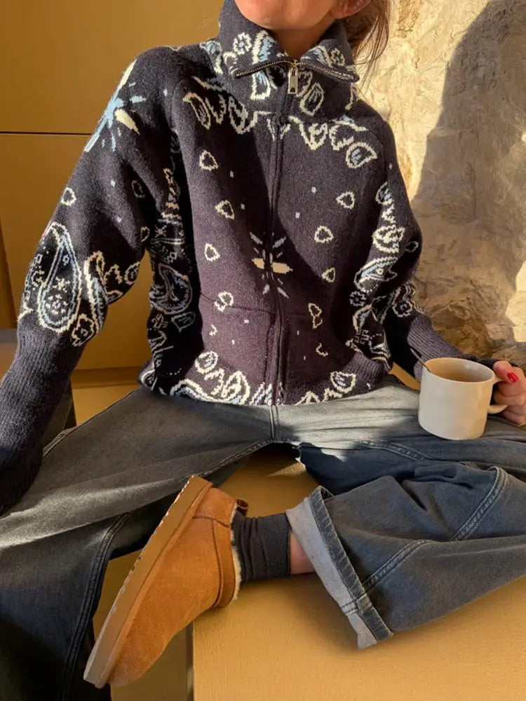 Cárdigan Vintage de punto Jacquard con cuello levantado para mujer, suéter holgado con bolsillos de manga larga y cremallera, prendas de punto suaves para primavera 2026