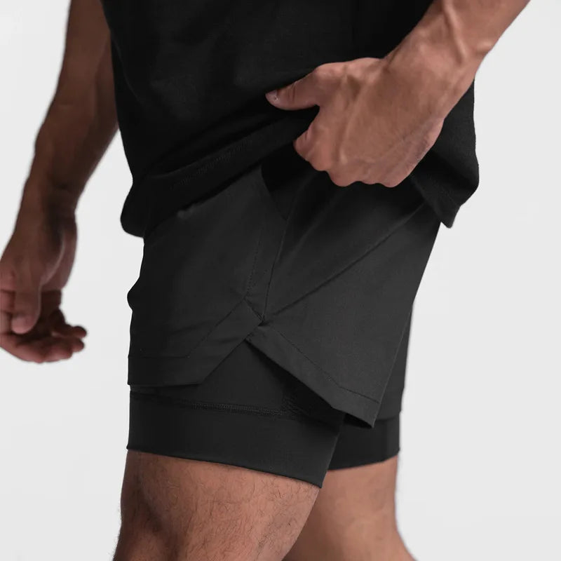 2025 nuevos pantalones cortos deportivos transpirables de doble capa gimnasios Fitness culturismo entrenamiento playa de secado rápido 2 en 1 pantalones cortos para correr para hombre