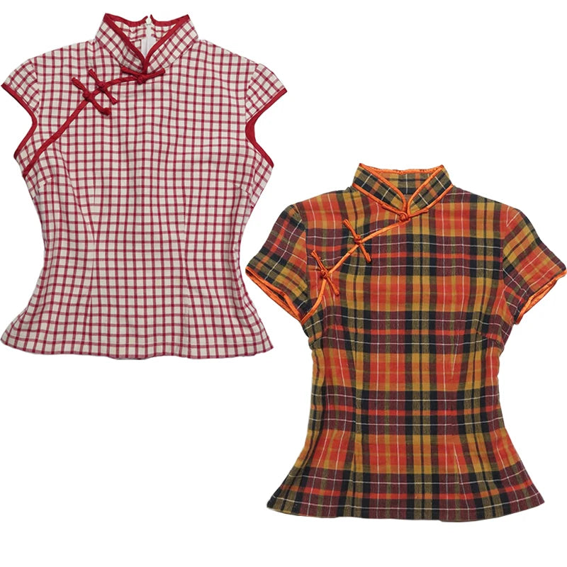Camiseta de estilo chino moda high street Y2K chica de humor millenario botón gótico moda retro a cuadros tops de manga corta para mujer