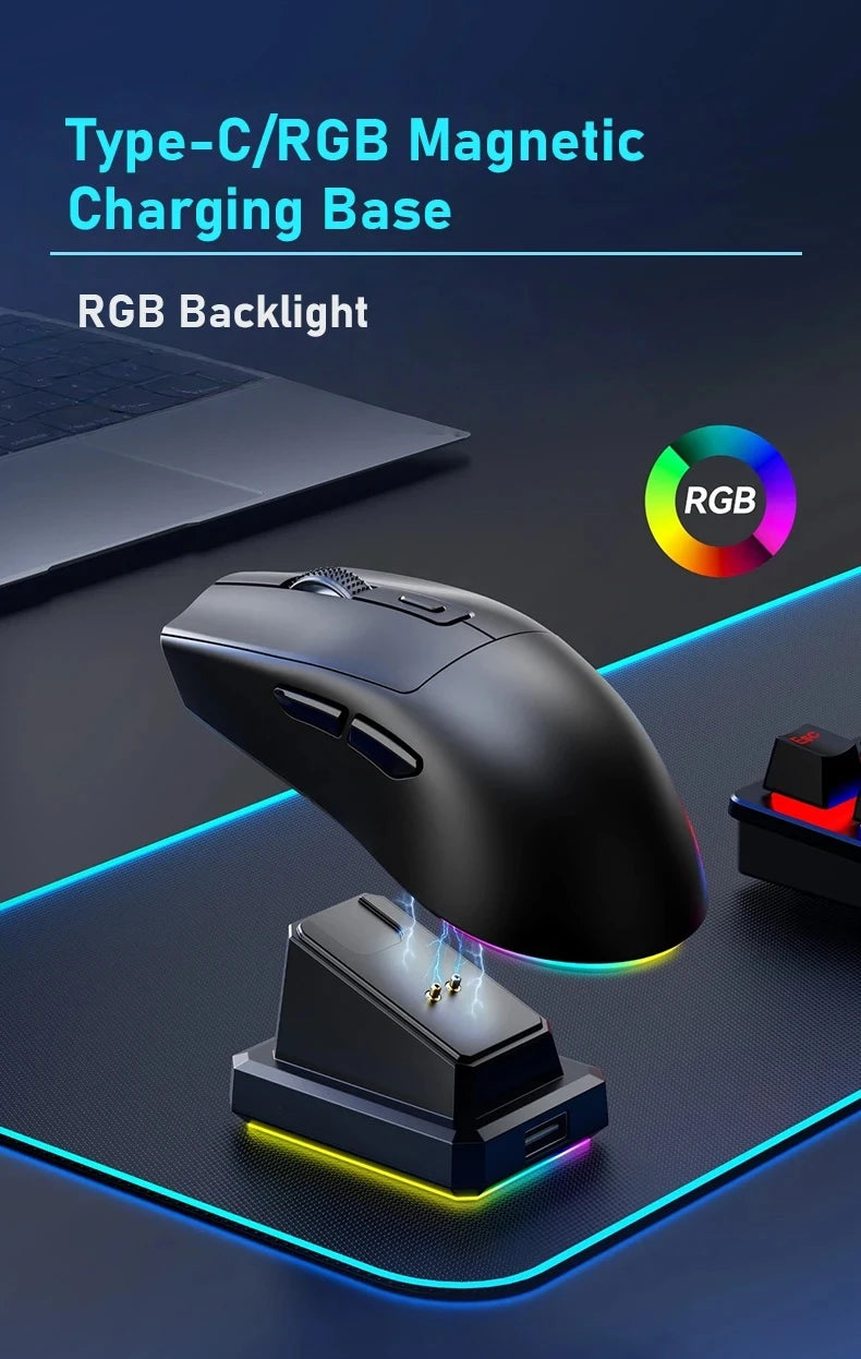 Ratón para Juegos de Última Generación con DPI Ajustable, Recargable, Inalámbrico, con Base de Carga, Bluetooth 2.4G, Modo Dual, RGB, Diseño Ergonómico