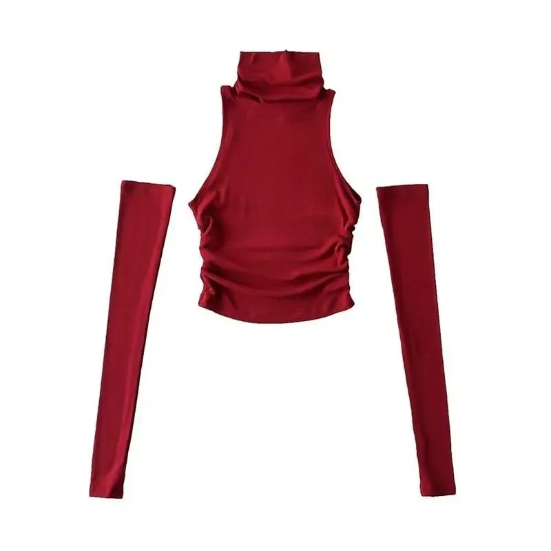 Top sin mangas Sexy para primavera y verano, Top corto plisado con mangas para chica picante y cuello alto, camiseta para mujer, ropa informal ajustada Y2k