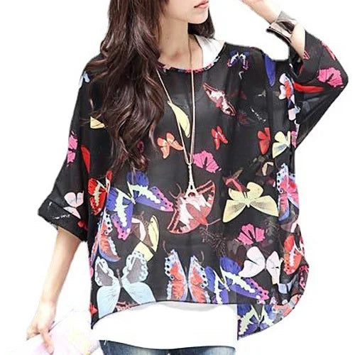 Novedad 2015 de mini vestidos casuales de gasa con estampado de flores para señoras, vestidos estilo bohemio con manga de murciélago en tallas grandes 4XL 5XL 6XL