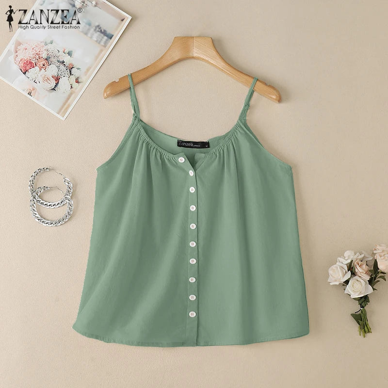 2025 camisetas sin mangas de verano para mujer ZANZEA moda Spaghetti Strap Blusa de algodón Casual suelta sólida playa Camis sin mangas camisa de vacaciones