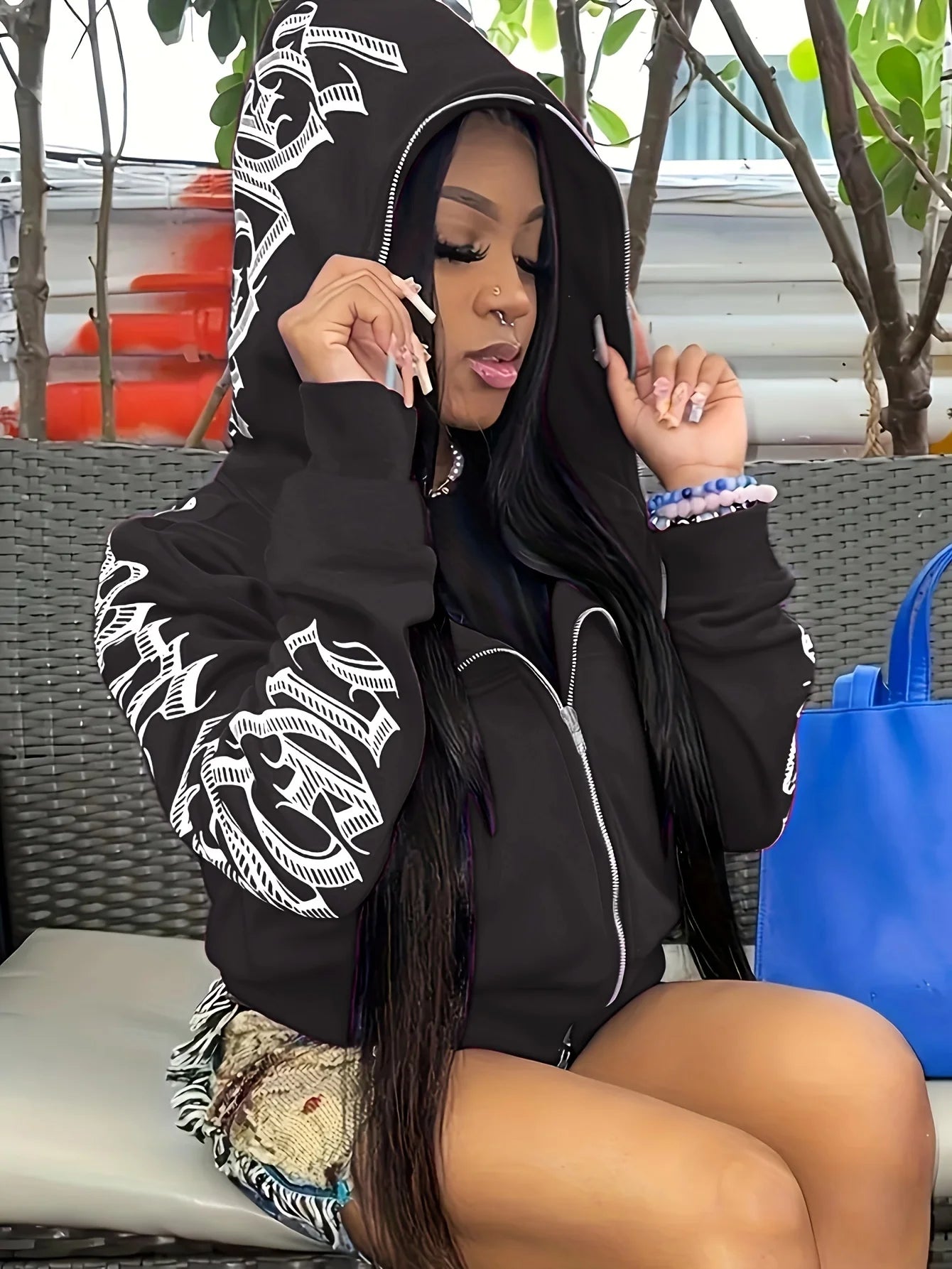 Sudaderas con capucha y cremallera de manga larga con estampado de letras, sudadera punk gótica Cyber Y2K, ropa de mujer