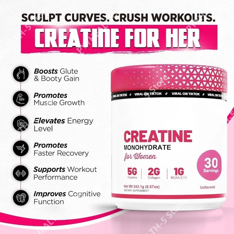 Creatina para Mujeres, Suplemento Post-Entrenamiento - 5000mg de Creatina, 2000mg de Colágeno Bovino Hidrolizado para el Crecimiento Muscular Magro
