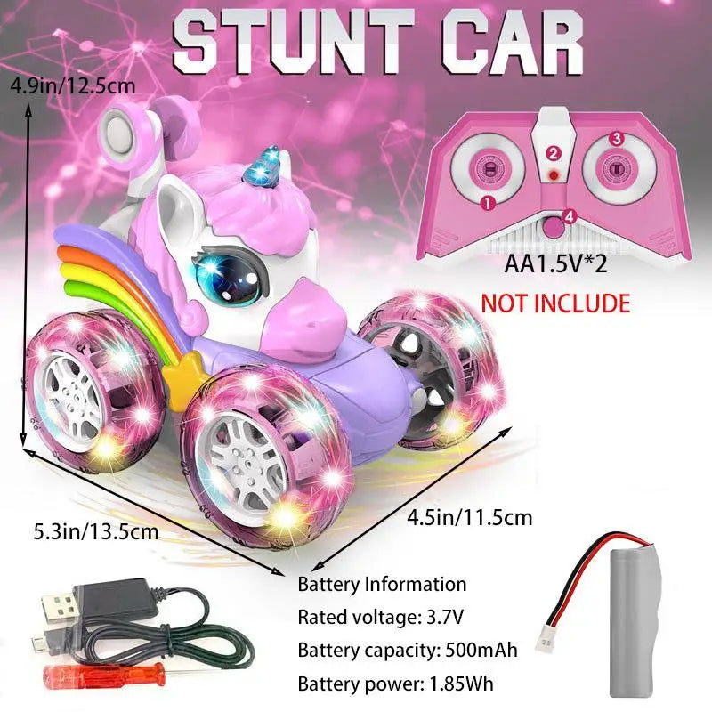 Coche teledirigido unicornio para niñas, 360 °   Coches RC acrobáticos giratorios 4WD con luces lindas, juguetes recargables para niños para regalos de cumpleaños