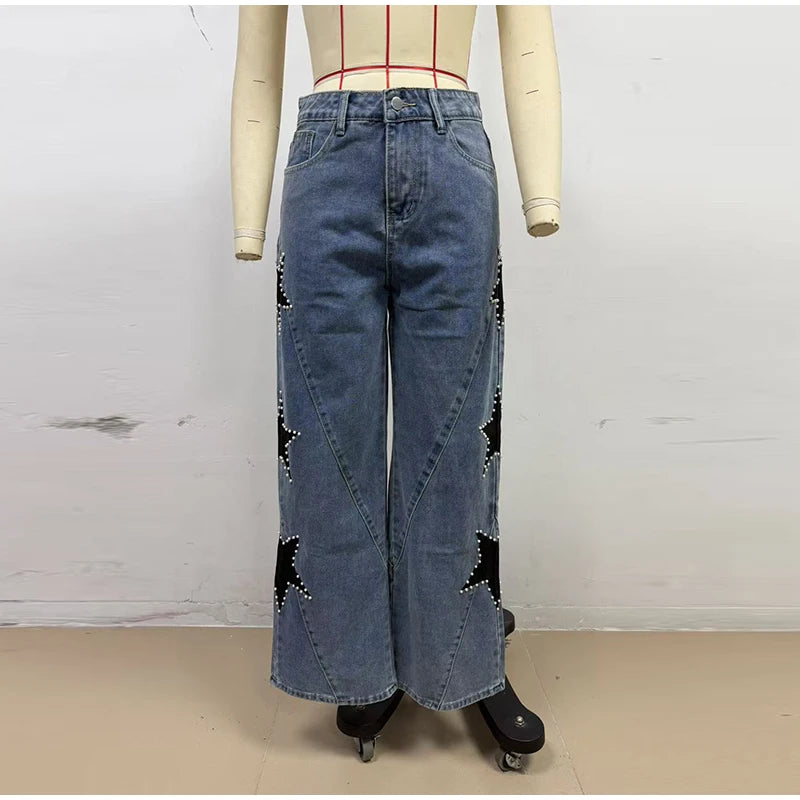 Pantalones vaqueros elegantes con decoración de perlas para mujer, pantalones de pierna ancha de cintura alta, ropa de calle nueva de moda, pantalones de lujo 2025