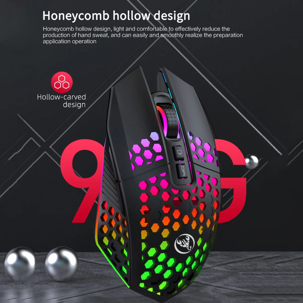 Ratón inalámbrico para juegos: diseño ergonómico con iluminación RGB, carga USB tipo C, carcasa de panal, diestro, precisión óptica