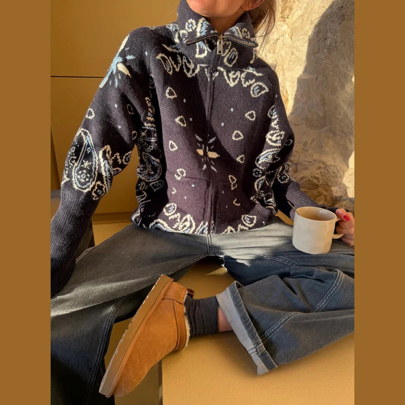 Cárdigan Vintage de punto Jacquard con cuello levantado para mujer, suéter holgado con bolsillos de manga larga y cremallera, prendas de punto suaves para primavera 2026