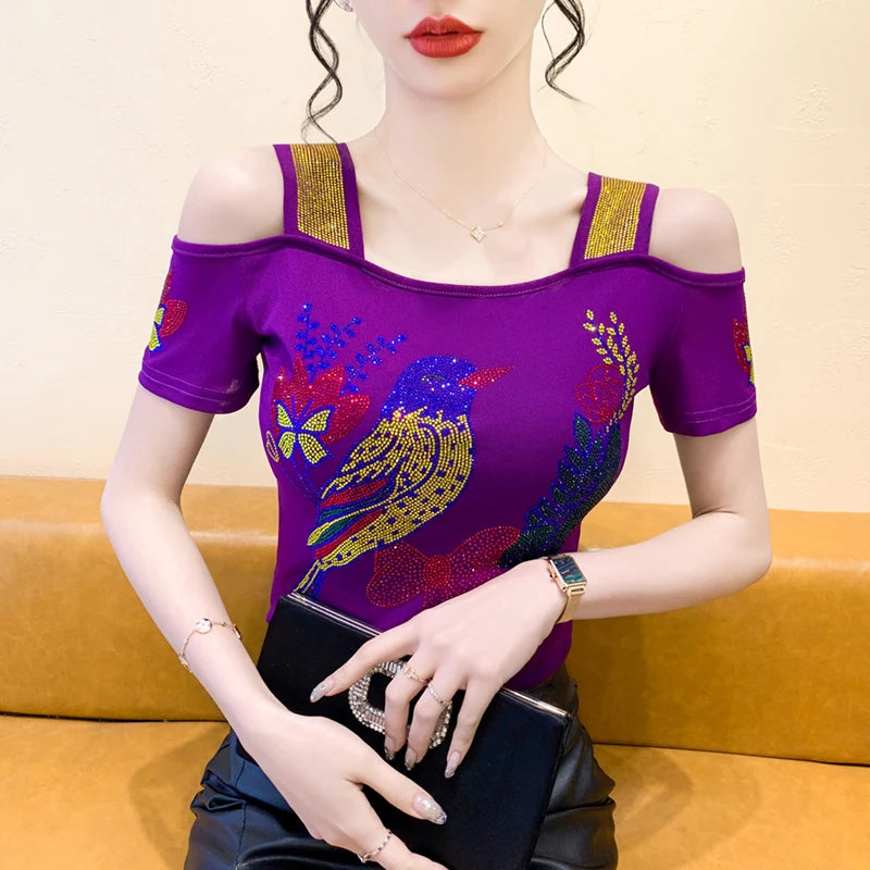 Ropa de calle europea, camiseta de marca para mujer, camisetas ajustadas de manga corta elegantes con diamantes brillantes para mujer