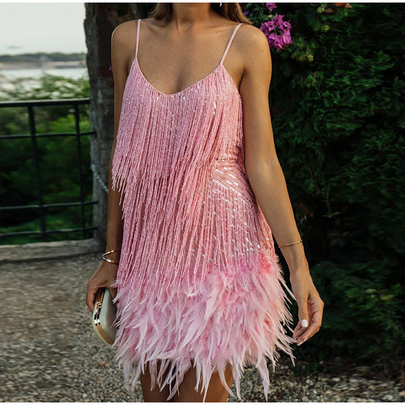 2025 nuevo Sexy borla lentejuelas pluma Mini vestido mujeres Spaghetti Strap costura vestidos mujer elegante vestido de fiesta de noche Club