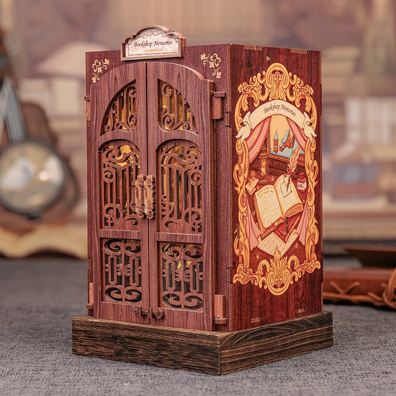 CUTEBEE-Kit de rincón de libros DIY, casa de muñecas en miniatura con inserto de estantería de madera ligera, decoración de librería Retro para regalos, serie de librería