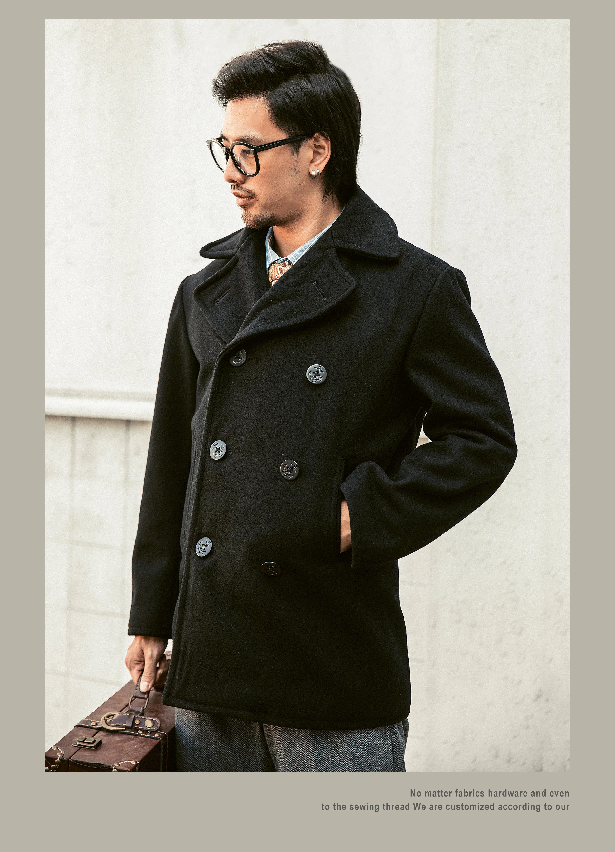 Peacoat Red Tornado 740 en negro, abrigo vintage de mezcla de lana de longitud media con doble botonadura para hombre, chaqueta cálida de invierno
