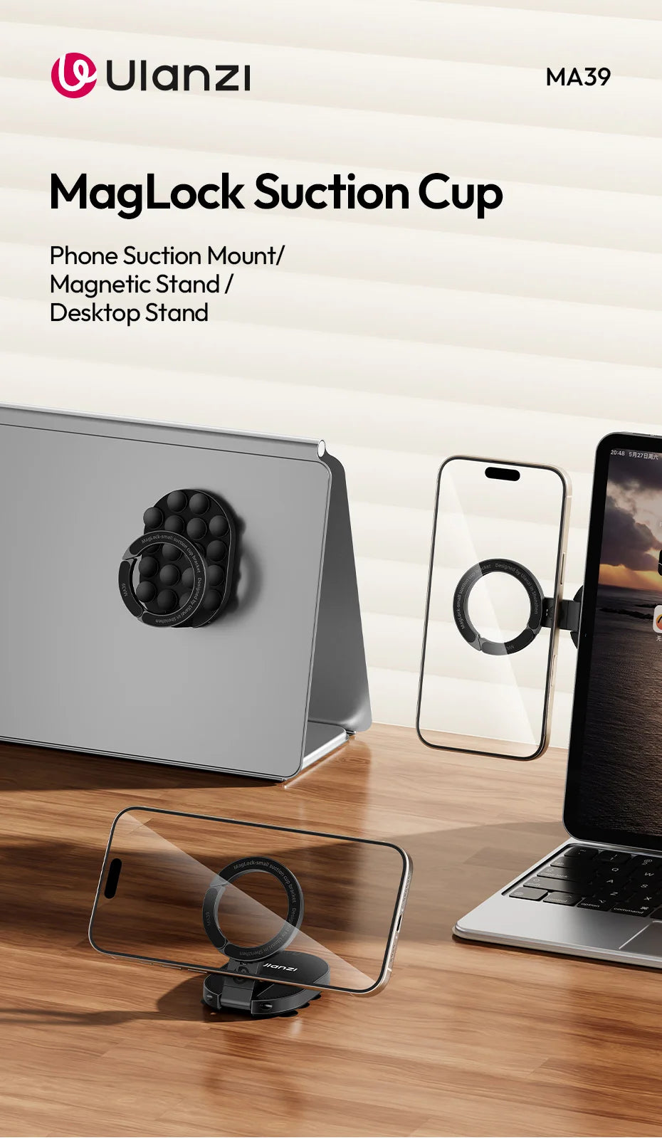Ulanzi MA39 MagLock Ventosa Soporte de escritorio para teléfono para iPhone 17 16 15 14 con parte inferior de succión para cristal de pared