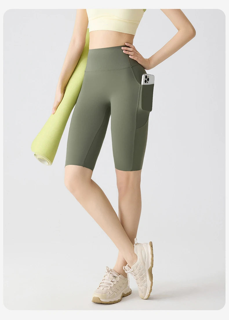 BIVIGAOS, pantalones cortos de verano con bolsillo para Yoga de piel de tiburón para bicicleta, pantalones cortos finos de cintura alta con realce, sensación desnuda, pantalones cortos deportivos para ciclismo y Fitness