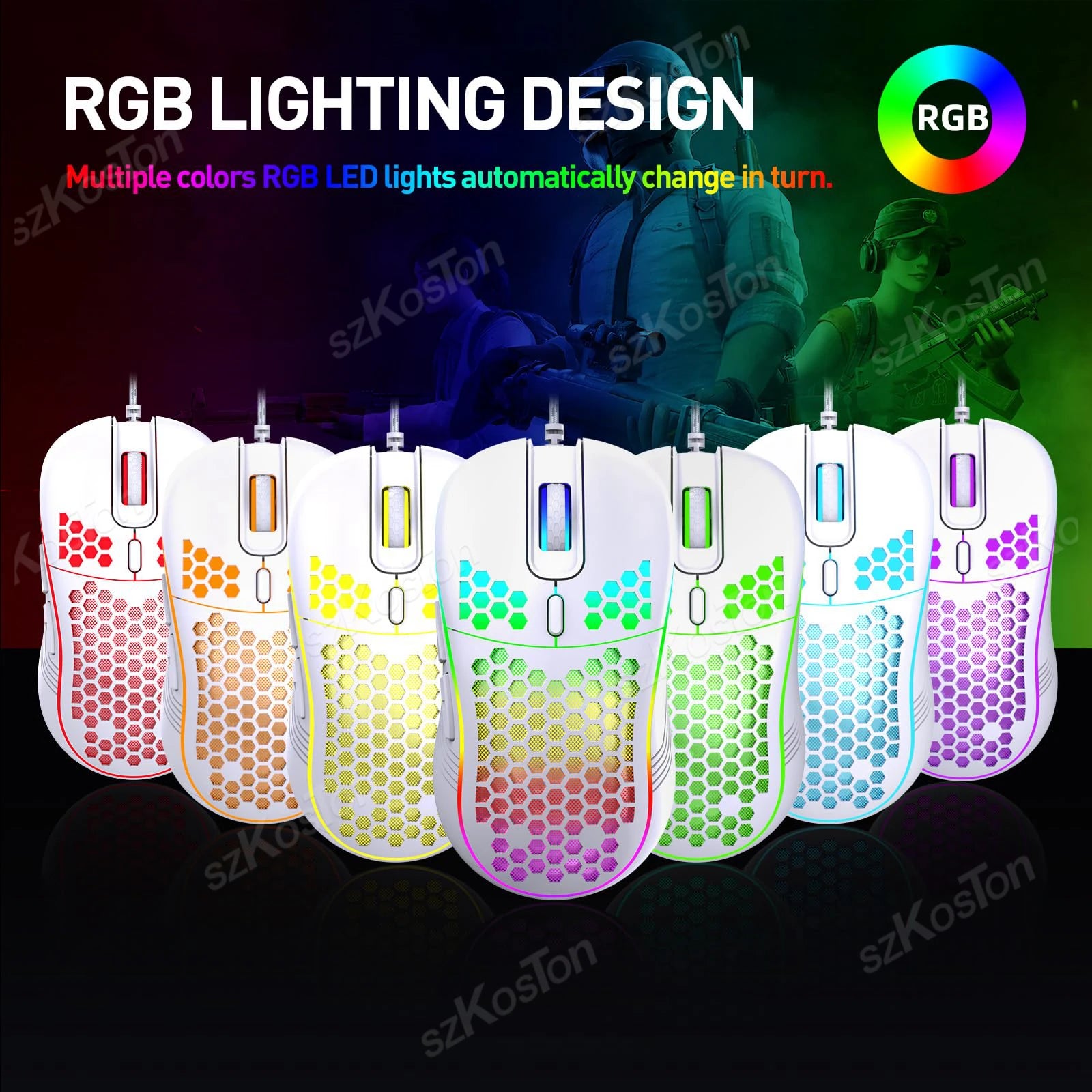 Mouse Gamer con Cable Honeycomb, Retroiluminación RGB, 7200 DPI Ajustables, Ergonómico, USB, para PC con Windows y Gamers de Laptop