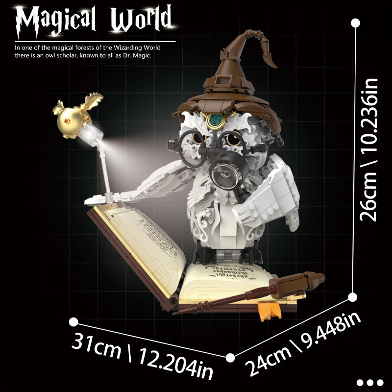 Mundo Mágico búho Doctor libro mágico y luces bloques de construcción animales modelos de aves niños juguetes de ensamblaje chico regalos de navidad