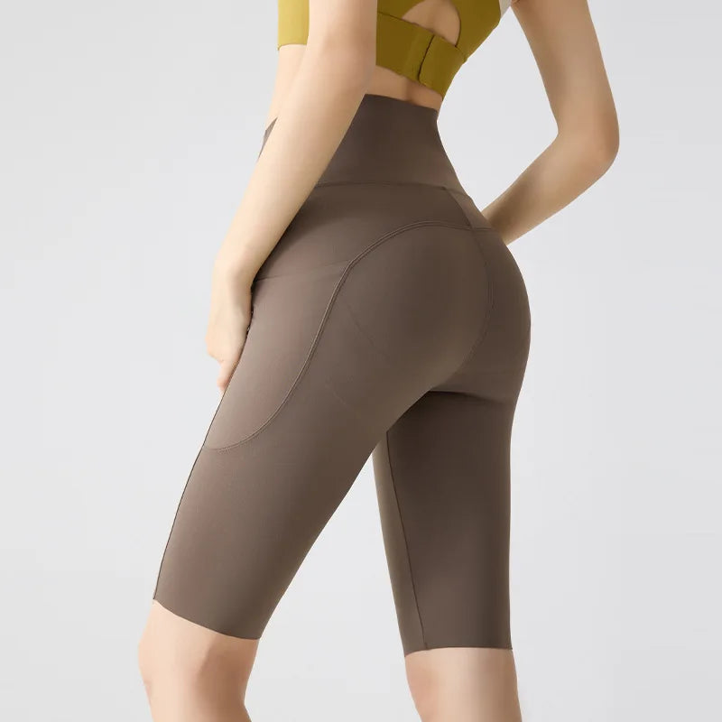 BIVIGAOS, pantalones cortos de verano con bolsillo para Yoga de piel de tiburón para bicicleta, pantalones cortos finos de cintura alta con realce, sensación desnuda, pantalones cortos deportivos para ciclismo y Fitness