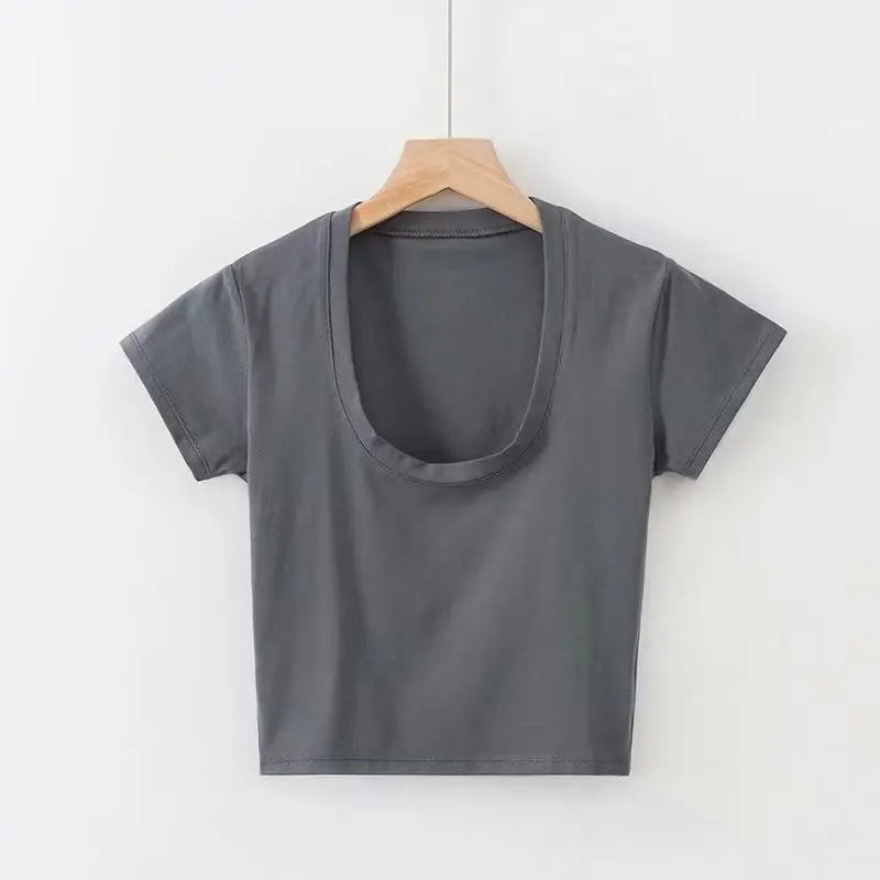 Camisetas sexis de verano para mujer, ropa ajustada elástica, camisetas de manga corta con cuello en U para mujer, Top corto Streetwea